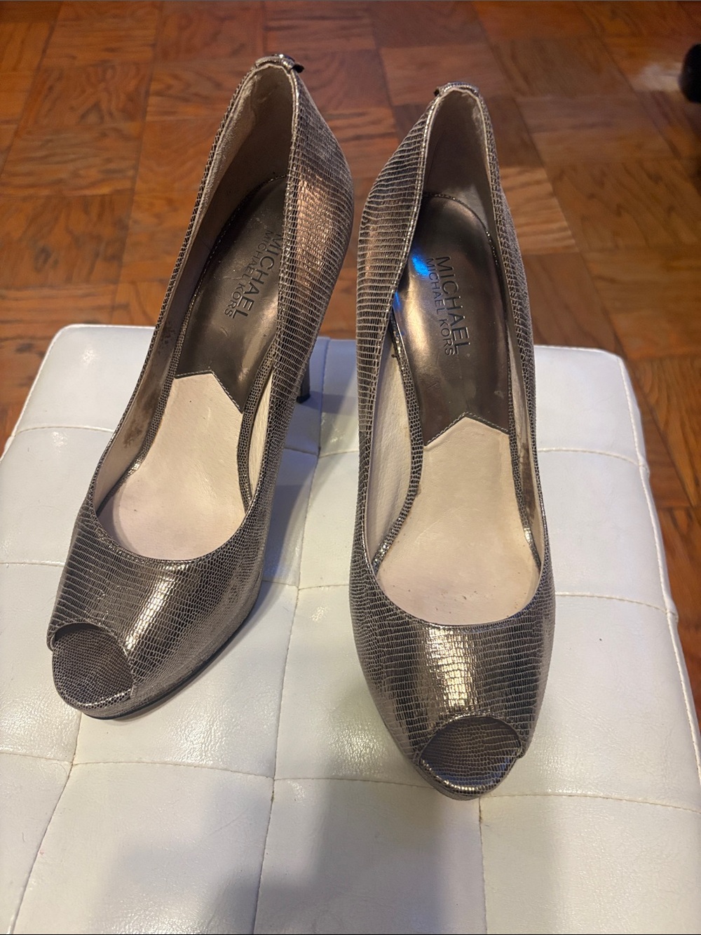 MICHAEL Michael Kors Metallic Taupe Lizard-Embossed Peep-Toe Heels